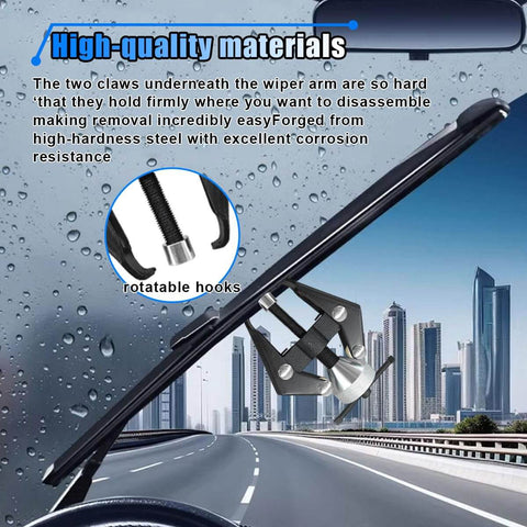 Adjustable Wiper Arm Removal Tool Kit And Battery Terminal Puller Set for Bolt Type Windshield Arms and Battery Posts displayed with city skyline