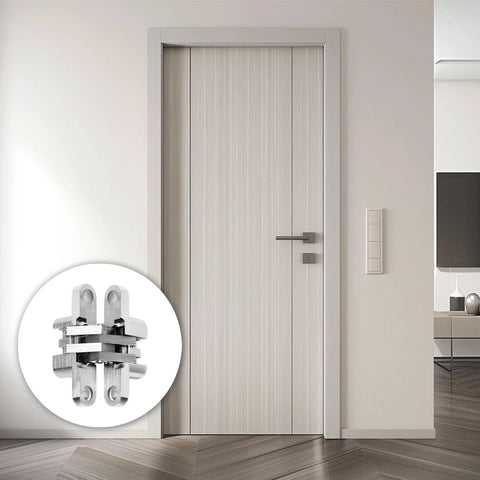 Door with a close-up of 4 Pack Stainless Steel Hidden Hinge Set 180 Degree Swing For Doors And Cabinets With 16 Screws No Visible Hardware, Invisible Cross Hinge, Durable Easy Install Concealed Hardware For A Clean Modern Look.