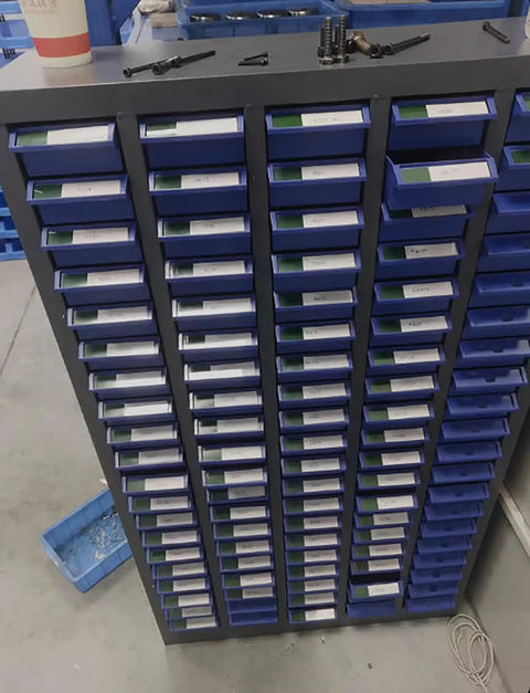 Tough As Nails Heavy Duty Parts Sorting Cabinet with smooth gliding drawers organized for hardware in steel frame, top-down view.