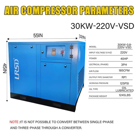 Beast Heavy Duty 40HP 30KW Rotary Screw Air Compressor With Refrigerated Dryer VSD Drive 185 CFM At 125 PSI 220V 3 Phase Industrial Air System All In One For Clean Dry Air On Tough Jobs, blue unit