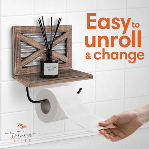 Rustic Farmhouse Toilet Paper Holder With Shelf For Wipes Wall Mounted Brown Wood With Weathered Wood And Galvanized Metal durable