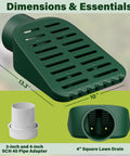 Image of 4In Grate Yard Drain With Expanded Drainage Surface For Sump Pump Discharge And Downspout Extensions, showing size and adapters.
