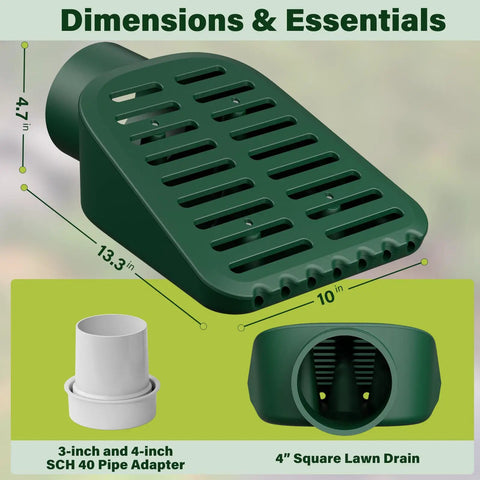 Image of 4In Grate Yard Drain With Expanded Drainage Surface For Sump Pump Discharge And Downspout Extensions, showing size and adapters.