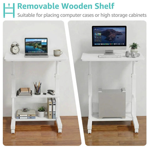 Space Saver C Shaped Laptop Desk On Wheels For Small Spaces White 24 Inch Height Adjustable With 2 Tier Storage Shelves