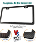 Carbon Pattern Aluminum License Plate Frame Slim Car Tag Cover Black Finish Includes Heavy Duty Mount Kit Screws Bolts Nuts Rattle Proof Pad For Front And Rear Mounting displayed with close-up of carbon pattern and comparison to real carbon fiber.