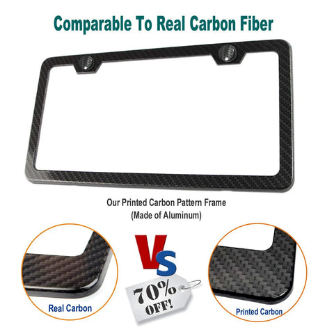Carbon Pattern Aluminum License Plate Frame Slim Car Tag Cover Black Finish Includes Heavy Duty Mount Kit Screws Bolts Nuts Rattle Proof Pad For Front And Rear Mounting displayed with close-up of carbon pattern and comparison to real carbon fiber.