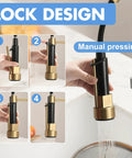 AIMADI Brushed Gold Kitchen Faucet with Pull Down Sprayer demonstrating lock design with step-by-step manual pressing.
