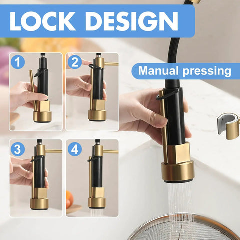 AIMADI Brushed Gold Kitchen Faucet with Pull Down Sprayer demonstrating lock design with step-by-step manual pressing.