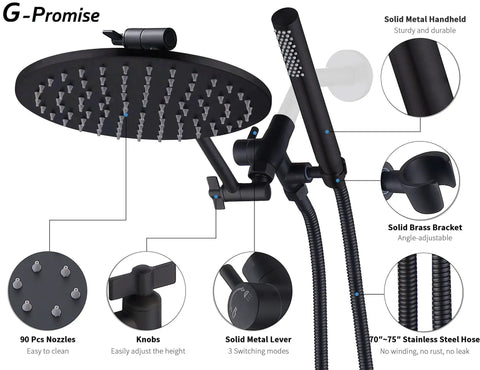 Beefy All Metal Dual Shower Head System With 8 Inch Rainfall Shower Head, Handy Handheld Wand, Smooth 3-Way Diverter in Matte Black