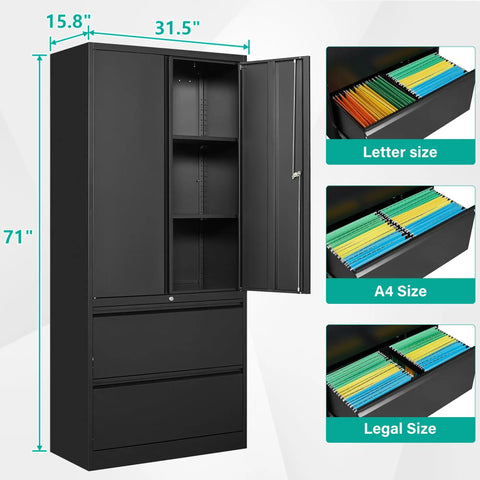 Lockable Black Metal Storage Cabinet With 2 Drawers And Doors Built Tough Steel File Cabinet With Adjustable Shelves For Home Office Garage Warehouse Or School 71 Inch Tall, 71in tall black steel cabinet open