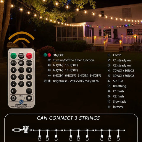 Remote control with illuminated 52Ft Outdoor String Lights With Warm White And Cool White Color Change Dope Remote Control and 11 Modes Waterproof Shatterproof 30V LED Bulbs for patio decor at night