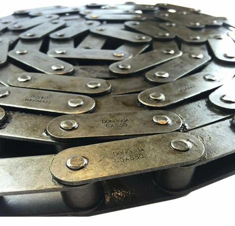 Close-up of CA550 Agricultural Conveyor Roller Chain, 10 Ft Length, 1.63 Inch Pitch, Heavy Duty ANSI for farming equipment.
