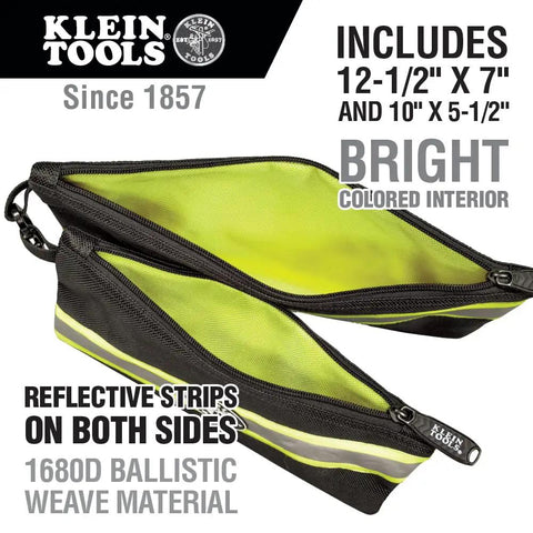 Tradesman Pro High Visibility Tool Bag With 42 Pockets, open showing bright interior and reflective strips, compact size.