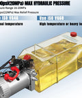 Dual Acting 12V Hydraulic Power Unit With Plastic Reservoir For Dump Truck And Trailer Hydraulic Systems Electric Pump Delivers 2900 PSI Lift With 3200 PSI Relief 6 Quart Capacity shown with red and gray pump components and clear oil-filled plastic reservoir.