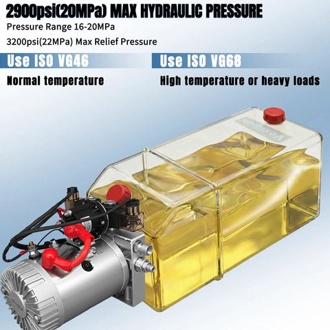 Dual Acting 12V Hydraulic Power Unit With Plastic Reservoir For Dump Truck And Trailer Hydraulic Systems Electric Pump Delivers 2900 PSI Lift With 3200 PSI Relief 6 Quart Capacity shown with red and gray pump components and clear oil-filled plastic reservoir.