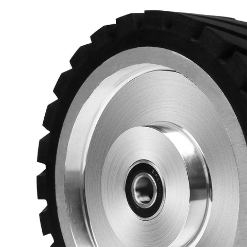 Close-up of 10x2 Inch Serrated Rubber Contact Wheel for Belt Grinder and Polishing Machine Rugged Pro Grade Wheel with 7R8 Bearing