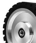 Close-up of Top Grade 12X2 Inch Serrated Rubber Contact Wheel Featuring 7R8 Bearing Hub for Belt Grinders and Woodworking Polishers.