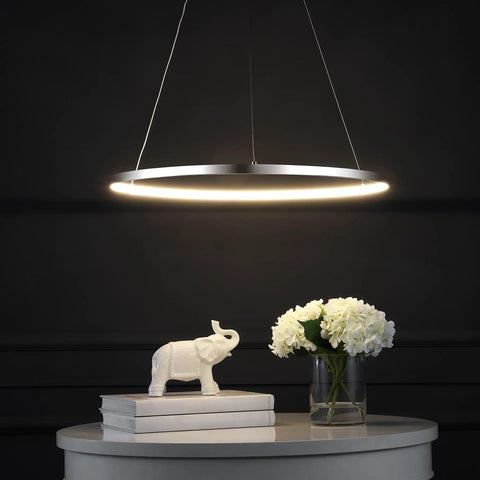 Round Hoop LED Pendant Light With Integrated Dimmable LEDs, Adjustable Height, Modern Chrome Finish, over table display