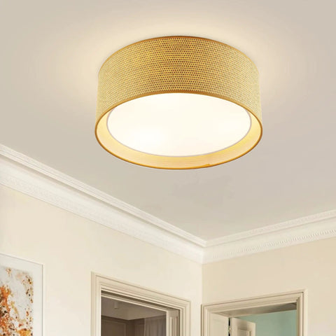 Modern 3 Light Flush Mount Ceiling Light With Fabric And Acrylic Double Drum Shade In Flaxen Delivers Cozy Warm Glow
