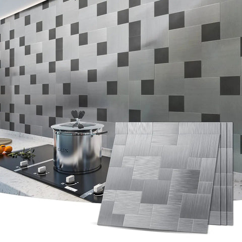 Peel And Stick Metal Backsplash Panels 12 By 12 Inch Square, 10 Piece Puzzle Set in Silver, installed in kitchen backsplash
