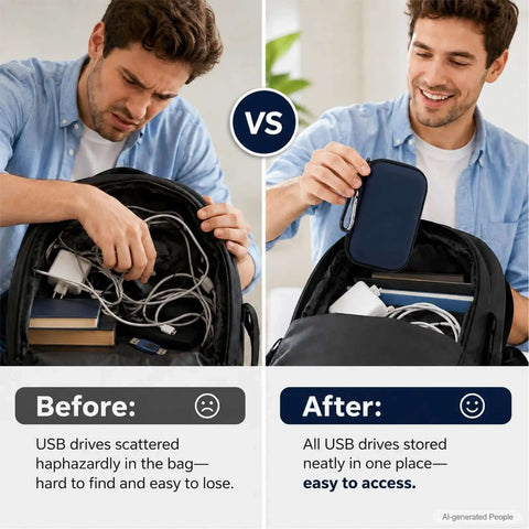 Before and after showing USB drives disorganized versus the Slick Hard Shell Organizer Case For Eight Usb Flash Drives Sd Card Slots.