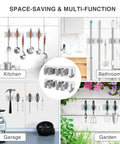 Heavy Duty Wall Mount Mop And Broom Holder 2 Pack with 2 in 1 No Drill Installation in kitchen, bathroom, garage, garden settings.