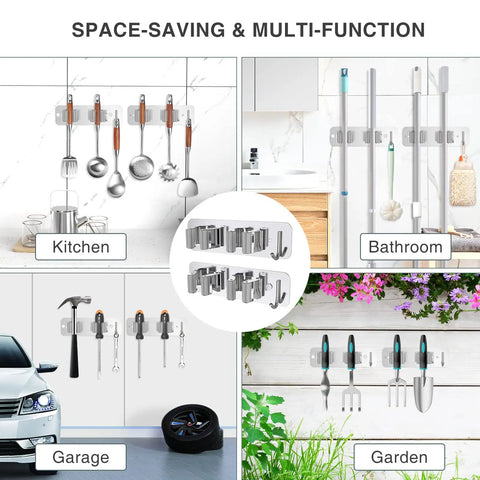 Heavy Duty Wall Mount Mop And Broom Holder 2 Pack with 2 in 1 No Drill Installation in kitchen, bathroom, garage, garden settings.