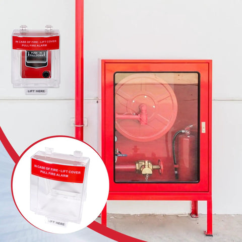 Fire Alarm Protective Cover For Manual Call Point Button Built Tough Heavy Duty High Temperature Resistant Plastic Guard To Shield Emergency Fire Alarm Station Buttons Waterproof Impact Resistant And Easy To Install displayed next to fire safety equipment with clear red markings.
