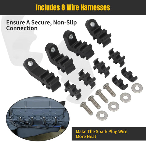 Spark Plug Wire Loom Set For SBC Small Block Chevy Pre 1986 with eight black wire harness clamps and mounting hardware
