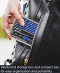 61 In 1 Precision Screwdriver Set With 57 Bits And Magnetic Extension Rod inserted into backpack pocket