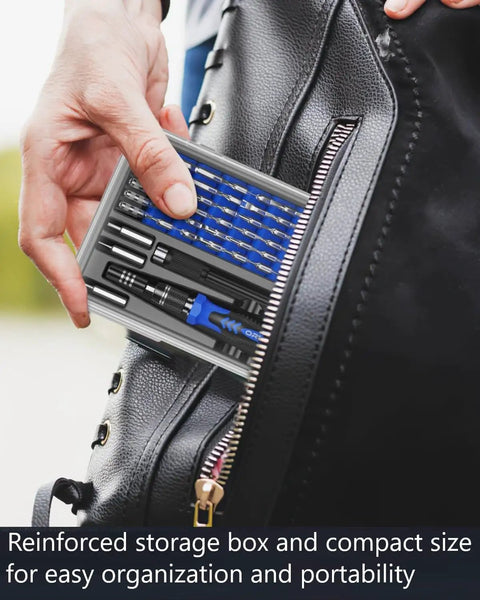 61 In 1 Precision Screwdriver Set With 57 Bits And Magnetic Extension Rod inserted into backpack pocket