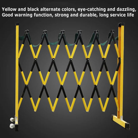 Heavy Duty Expandable Traffic Barricade Gate With Snappy Pull Handles And Neon Reflective Tabs For Roadwork Garages And Driveways locks down securely; yellow and black colors.