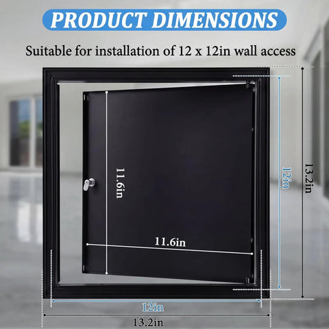 Heavy Duty Aluminum Access Panel For Drywall With Hinged Black Finish 12 By 12 Inch product dimensions shown with measurements.
