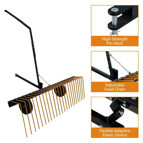 60 Inch Tow Behind Lawn Dethatcher With 24 Spring Steel Tines, Heavy Duty Pine Needle And Pine Straw Rake for ATV UTV and Garden Tractors
