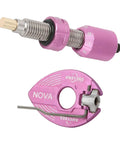 Pro Grade Magnetic Recurve Bow Arrow Rest And Plunger Set in pink aluminum and stainless steel with brass core components visible.