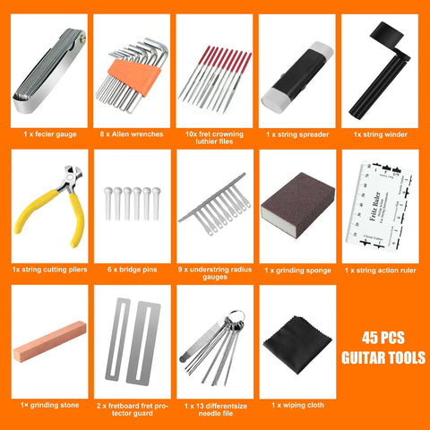 Guitar Tool Kit 45 Pcs Pro Setup Gear For Quick String Changes Action And Intonation, Cleaning And Repairs On Electric Acoustic Bass And Ukulele, Luthier Tools For Musicians