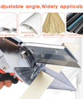 Replaceable Blade Miter Shears For Molding And Trim, cutting wooden strip at a 45-degree angle, displayed with materials.