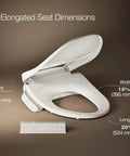 Elongated Heated Bidet Toilet Seat With Wireless Remote, dimensions showing height 4¾", width 15⅜", length 20⅝", biscuit color.