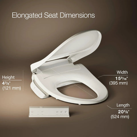 Elongated Heated Bidet Toilet Seat With Wireless Remote, dimensions showing height 4¾", width 15⅜", length 20⅝", biscuit color.