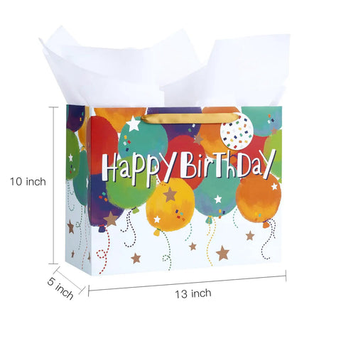 Colorful Balloons Birthday Gift Bag Set With Happy Birthday Text, Matching Tissue Paper, Kids Birthday Gifts, 13 x 5 x 10 Inches