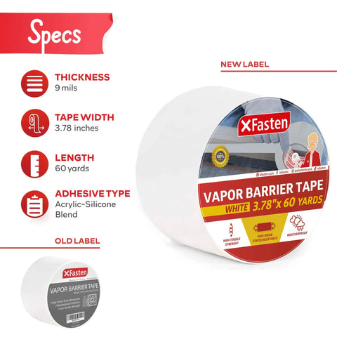 White Vapor Barrier Tape 9 Mil Thick, 3.78-Inch by 60-Yards Waterproof Moisture Barrier With Silicone Adhesive product specs
