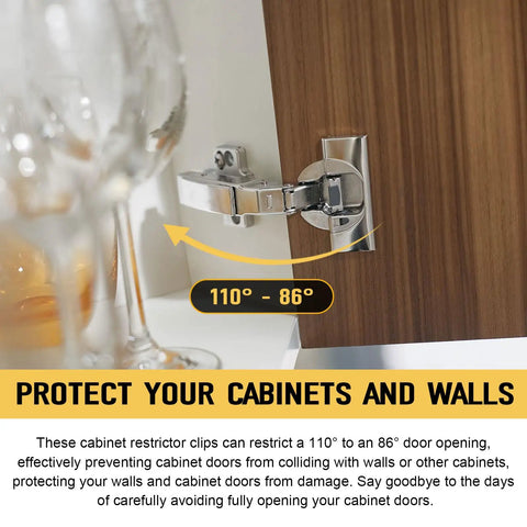 Fifty Pack Universal Cabinet Hinge Restrictor Clips Stop Annoying Door Slams With Totally Effortless Slide On Soft Close Compatibility For Kitchens And Bathrooms Full Control Over Swing Angles Built Tough, highlighting a hinge limiting door swing from 110° to 86°.
