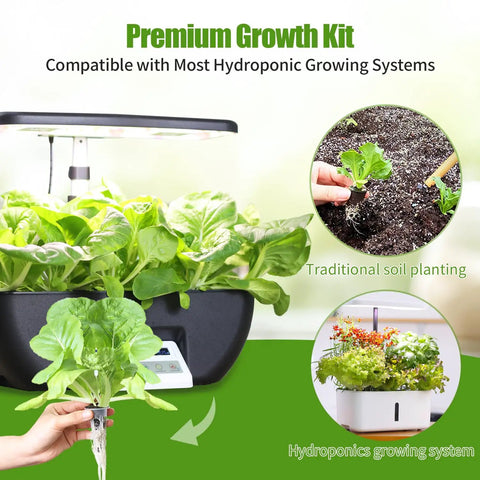 All In One 84 Piece Hydroponic Pod Kit For Indoor Grow Systems with greens in a hydroponic setup and traditional planting close-up.