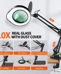 10X Magnifying Lamp With Light And Stand For Crafts, Reading And Close Work, showing swing arm and desk clamp with rotation angles
