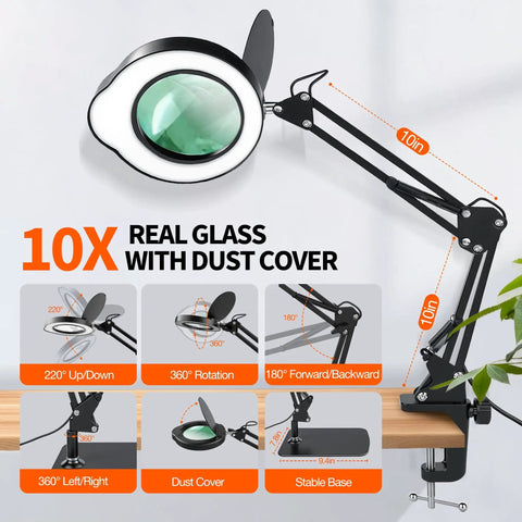 10X Magnifying Lamp With Light And Stand For Crafts, Reading And Close Work, showing swing arm and desk clamp with rotation angles