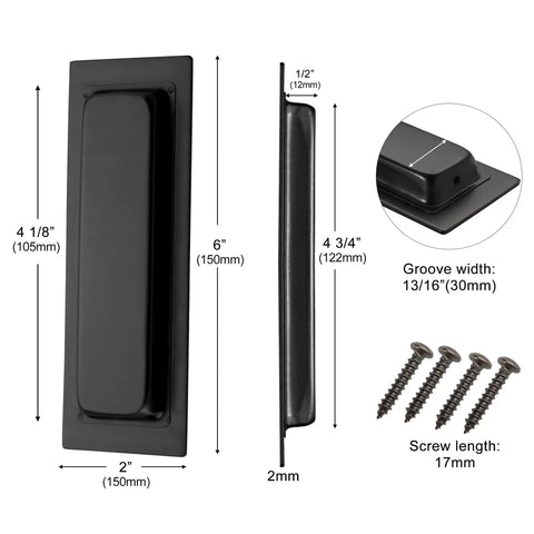 Knuckle Friendly Matte Black Recessed Pocket Door Handles Offer Zero Snag Edges And Dead Simple Screw Mounting Includes Four Finger Flush Pulls For A Clean Invisible Cabinet Or Closet Hardware Setup, showcasing dimensions and screw details.