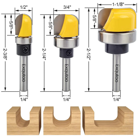 Three Pack Half Inch Shank Carbide Round Nose Groove Router Bits Set With Ball Bearing Engraving Head For Woodworking And Carving Projects Pro Grade Planing And Cutting Tool Essentials. Image showing three router bits with varying sizes for woodworking.