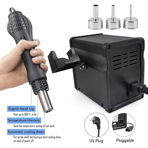 Pro Grade Hot Air Rework Station with 110V Solder Heat Gun, shown with adjustable nozzles and US plug connection.
