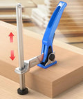 Beast Bench Dog Clamps For MFT Tables with Quick Ratchet Mechanism, showing blue handle and adjustable clamp on wood surface