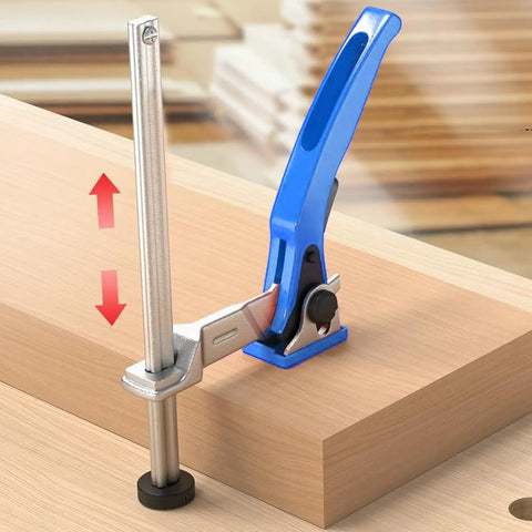 Beast Bench Dog Clamps For MFT Tables with Quick Ratchet Mechanism, showing blue handle and adjustable clamp on wood surface
